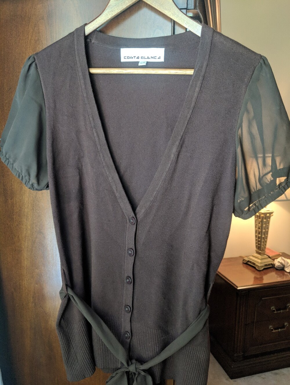 Brown V-Neck Button Front Short Sleeve Top with Tie